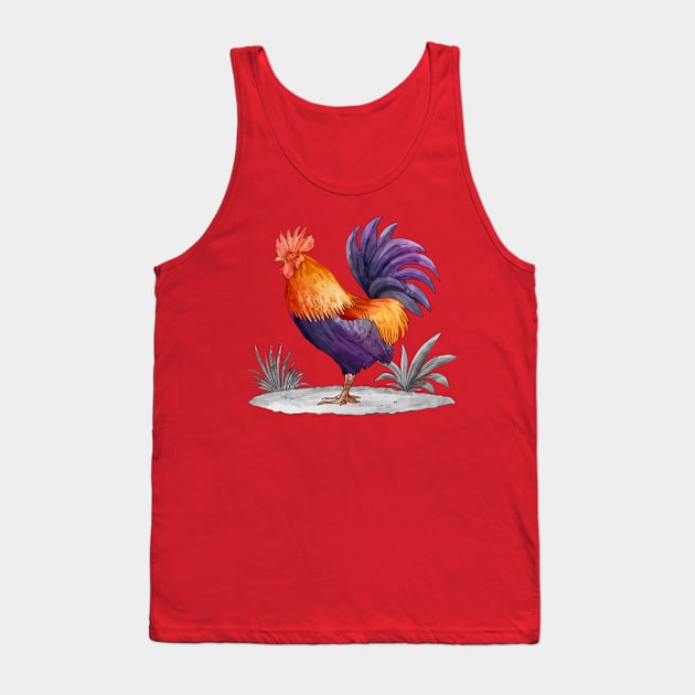 Hand Drawn Cock Watercolor Tank Top by Mako Design 